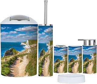 Bathroom Accessory Set 6 Piece Boho Coastline Footpath Dorset England Trash Can, Toothbrush Holder, Soap Dispenser, Soap Dish, Toothbrush Cup, Toilet Brush Holder