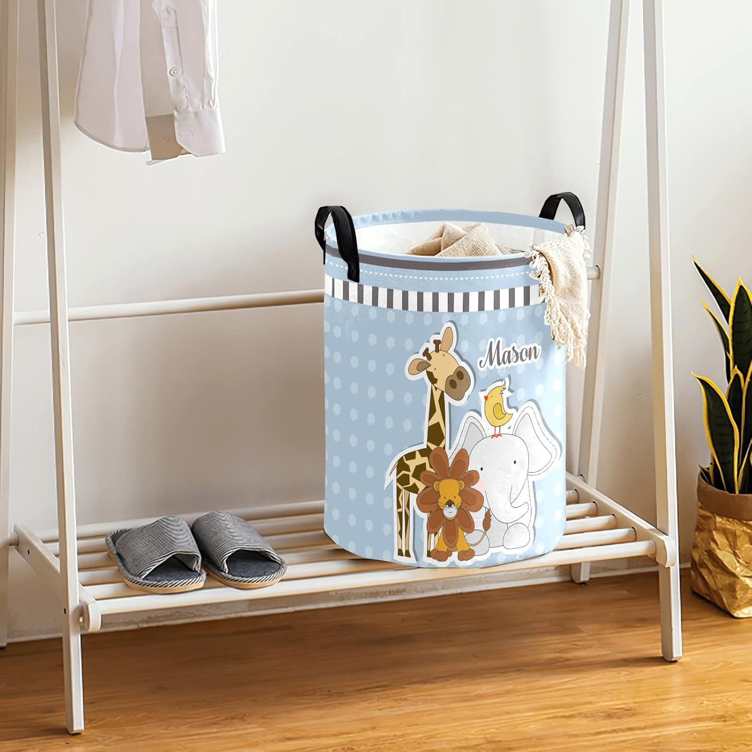 Jungle Animal Giraffe Elephant Lion Personalized Laundry Basket Clothes Hamper with Handles Waterproof,Collapsible Laundry Storage Baskets for Bathroom,Bedroom Decorative 19.7"Hx14.2"D