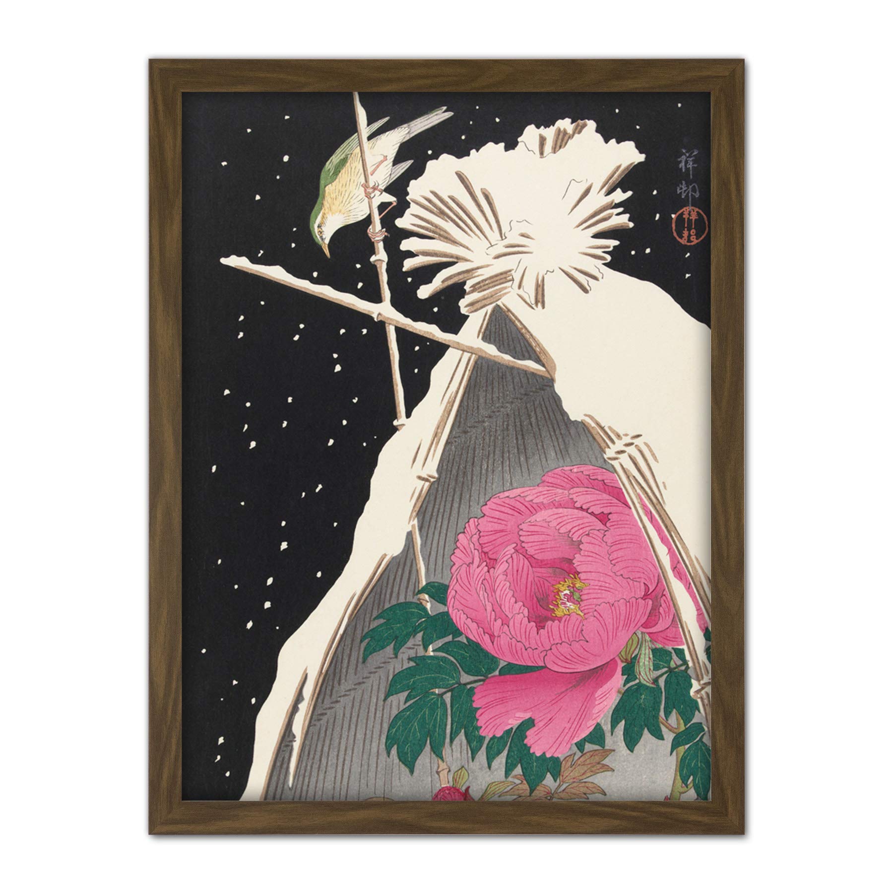 Artery8 Ohara Koson Siberian Bluechat Next To A Peony Artwork Framed Wall Art Print 18X24 Inch