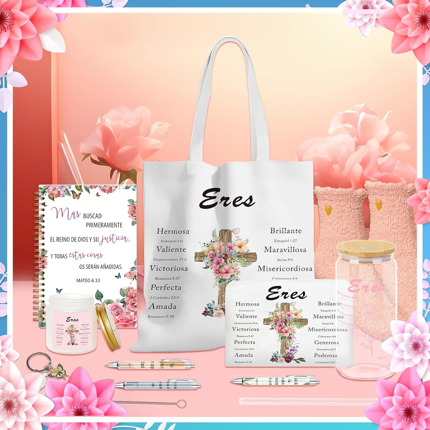 10 Pcs Spanish Christian Gifts for Women Valentines Mother's Day Regalos Cristianos En Español Include 16 Oz Tumbler Notebook Ballpoint Pen Keychain Candle Socks Bag Regalos Cristianos Para Mujer - Image 4