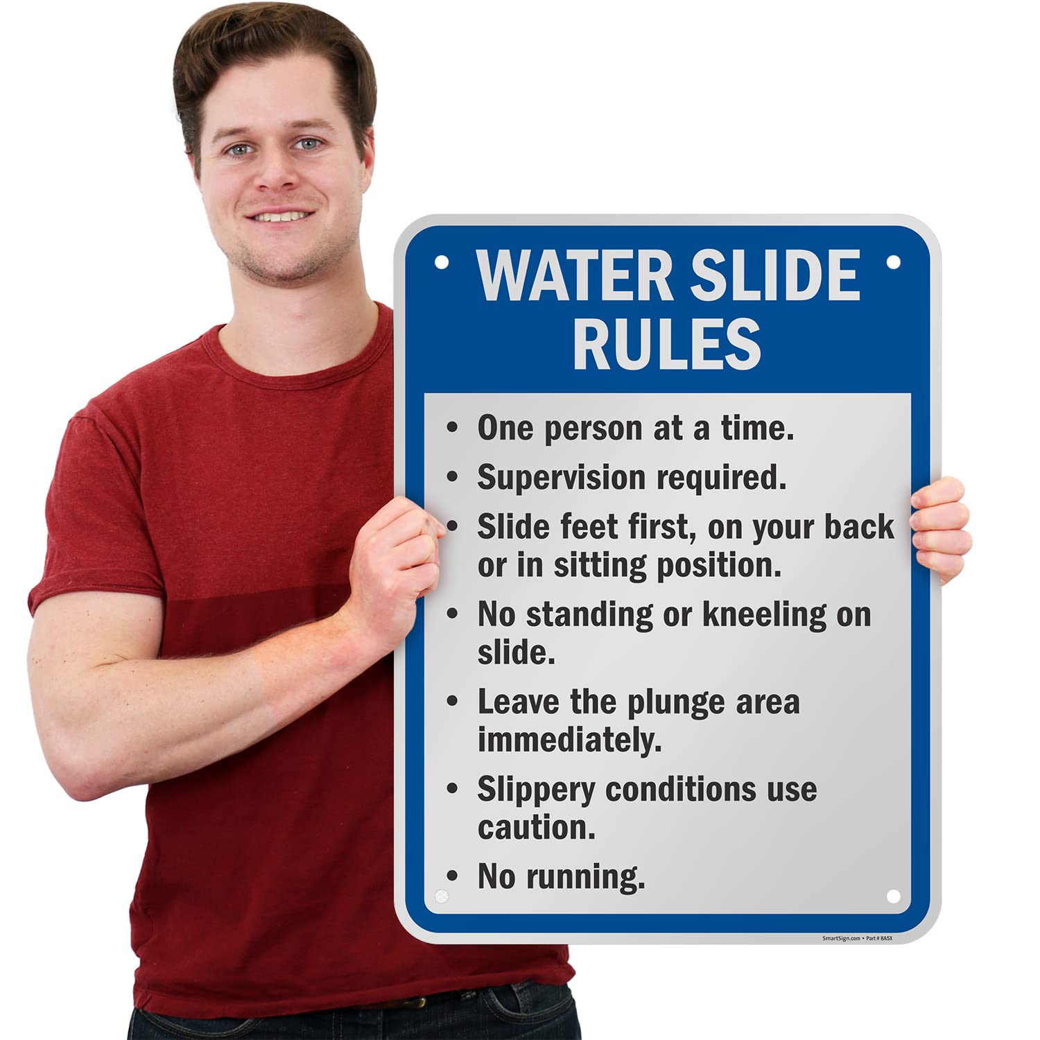 SmartSign 24 x 18 inch “Water Slide Rules - One Person At A Time, Supervision Required, Feet First, No Standing” Metal Sign, 80 mil Laminated Rustproof Aluminum, Blue, Black and White