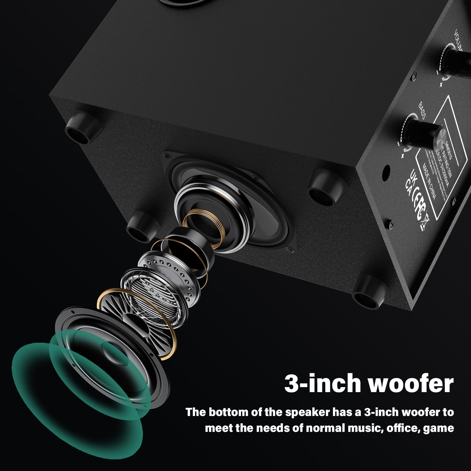 Altoparlanti per computer 2.1, sistema stereo da gioco con subwoofer RGB, altoparlanti ausiliari da 3,5 mm alimentati via USB cablati per PC, laptop, tablet, telefoni - nero
