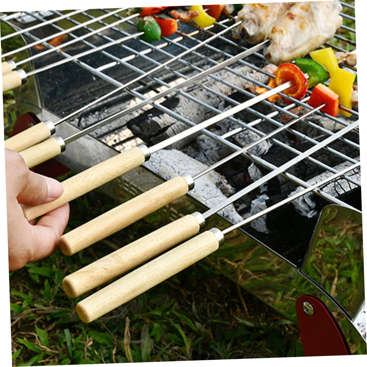 Pinchos Inoxidable y Madera Brochetas Duraderas y Resistentes Mango Aislante