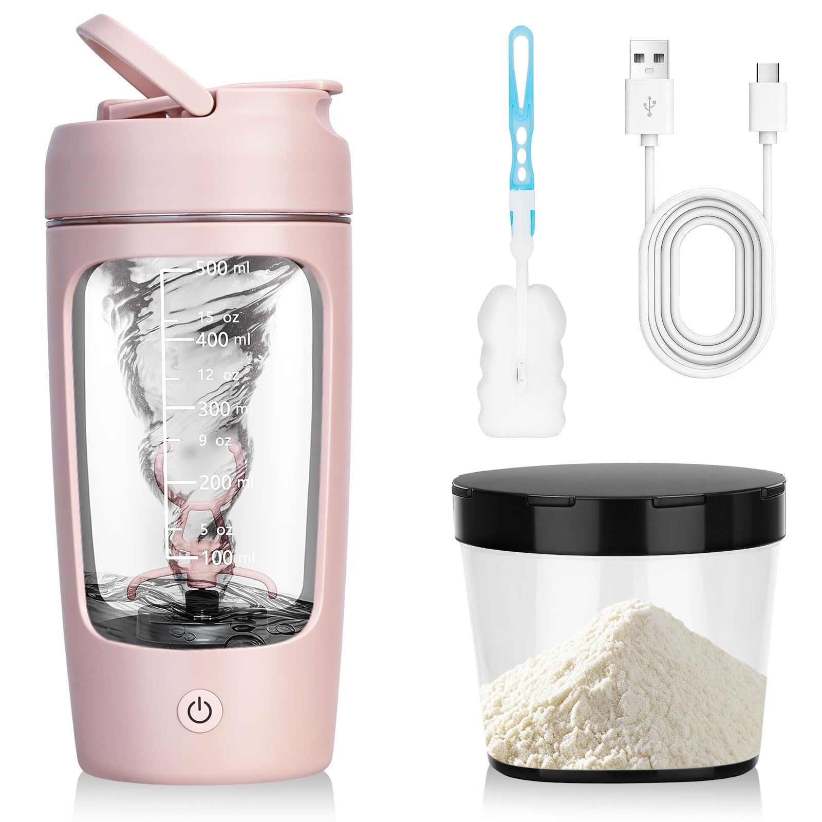 Shaker Électrique Rechargeable 650ML,Bouteille shaker de protéines avec Boîte à Poudre et Brosse, Rechargeable USB-C,pour Shakes Protéinés et Milkshakes Crémeux, Sans BPA, Rose