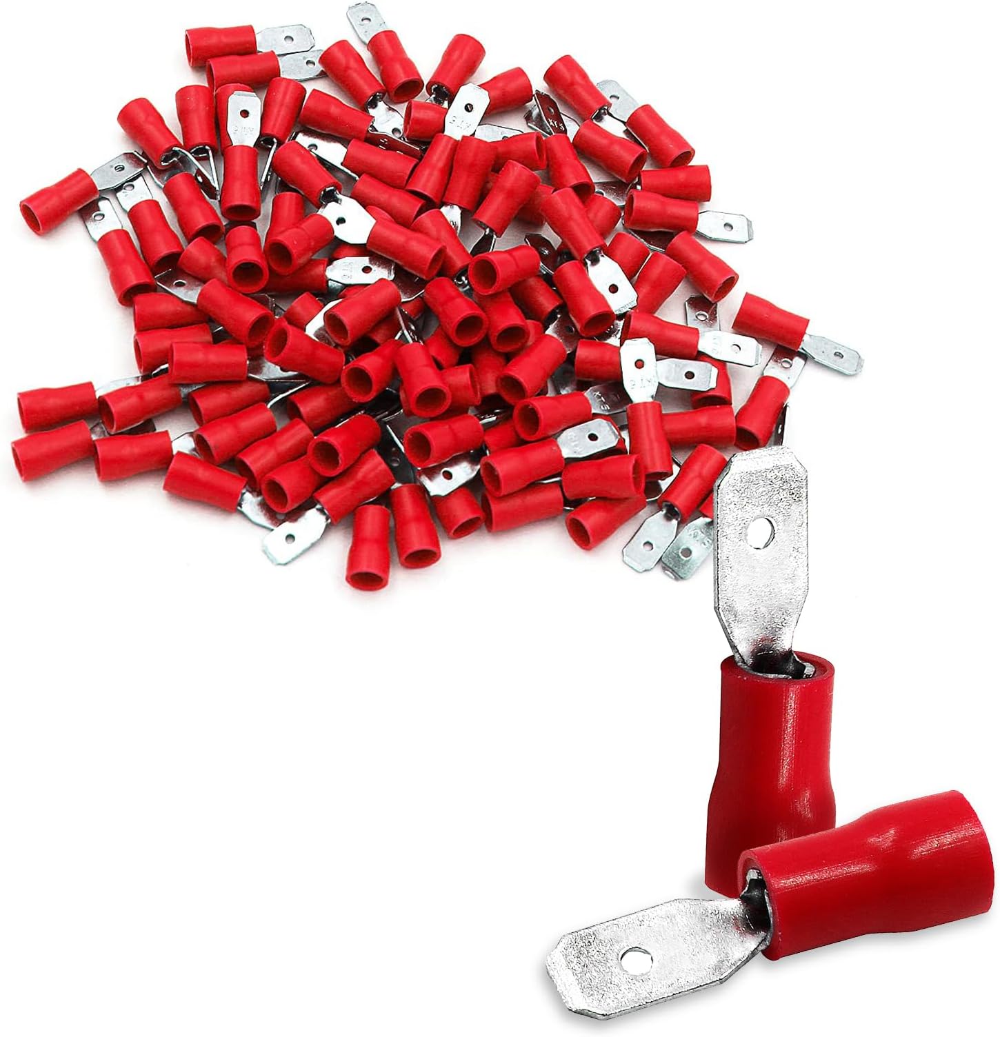 100-Pack 0.187" Male Quick Disconnect Spade Connectors,22-16 AWG,4.8mm (3/16 Inch), Insulated Terminals Red
