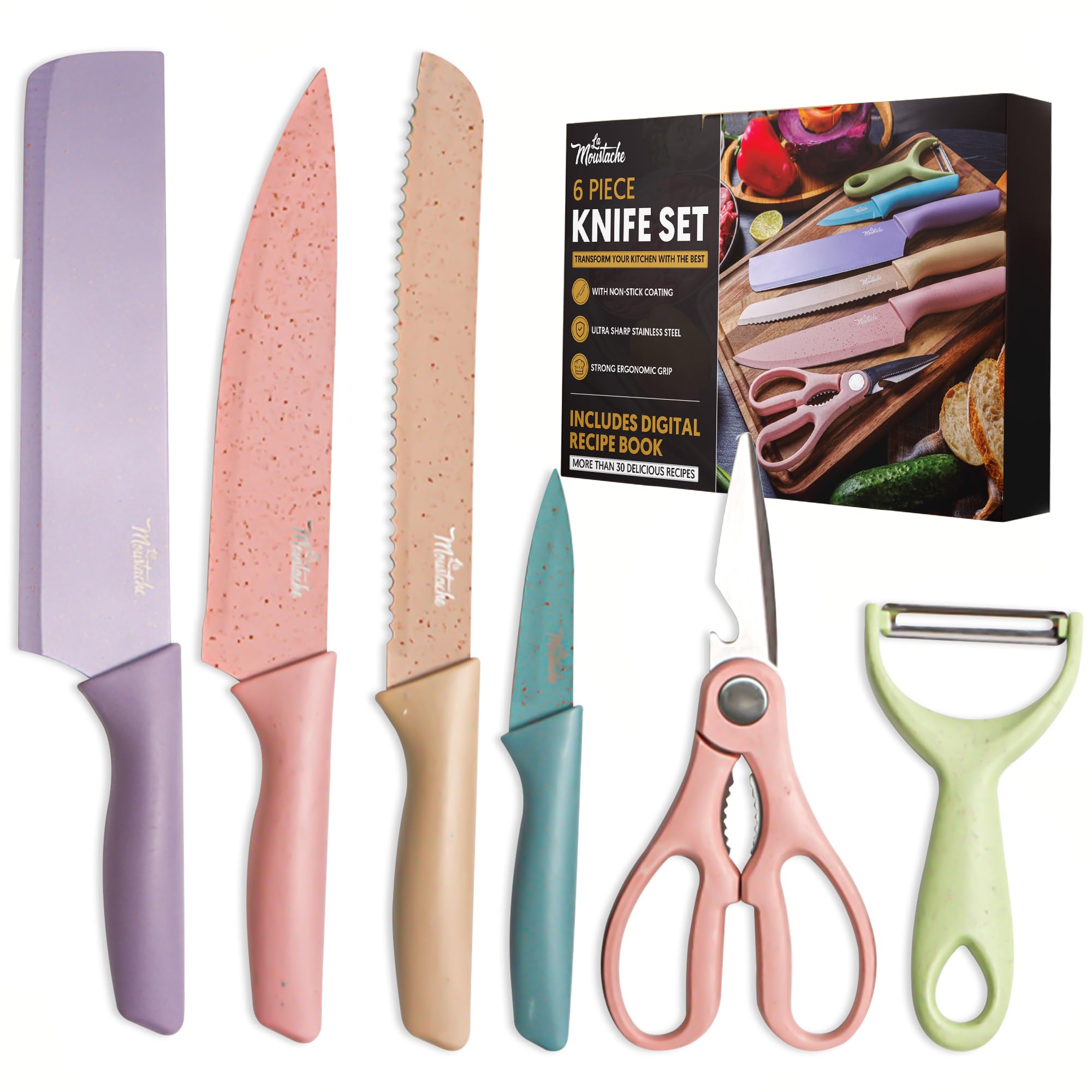 La Moustache Set de Cuchillos de Cocina Profesionales 6 Piezas Acero Inoxidable Antiadherente