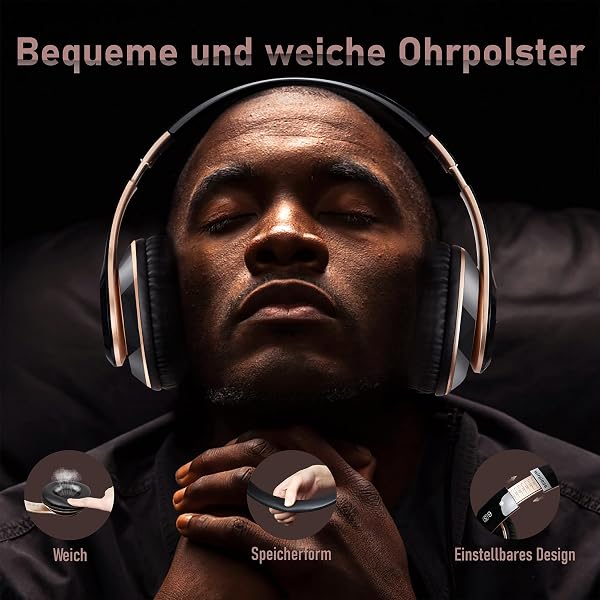Kopfhörer Kabellos Bluetooth, Bluetooth Kopfhörer Over-Ear mit 6 EQ Modi, 65 Std Kabellose Kopfhörer mit Eingebautem HD-Mikrofon, FM, SD/TF für Outdoor, Transport, Reisen, Studium Schwarzes Gold - 1