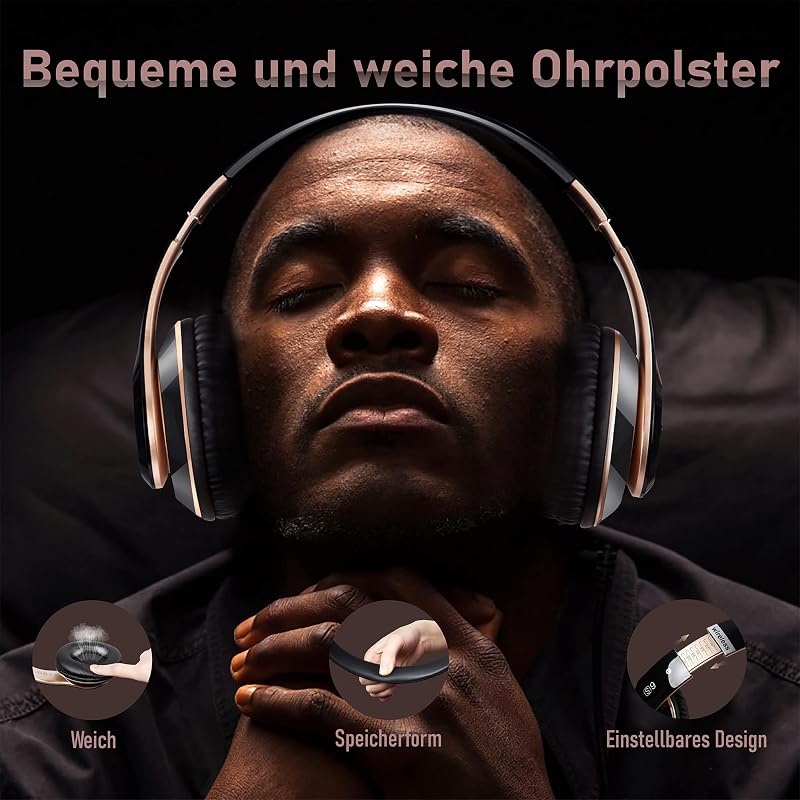 Kopfhörer Kabellos Bluetooth, Bluetooth Kopfhörer Over-Ear mit 6 EQ Modi, 65 Std Kabellose Kopfhörer mit Eingebautem HD-Mikrofon, FM, SD/TF für Outdoor, Transport, Reisen, Studium Schwarzes Gold