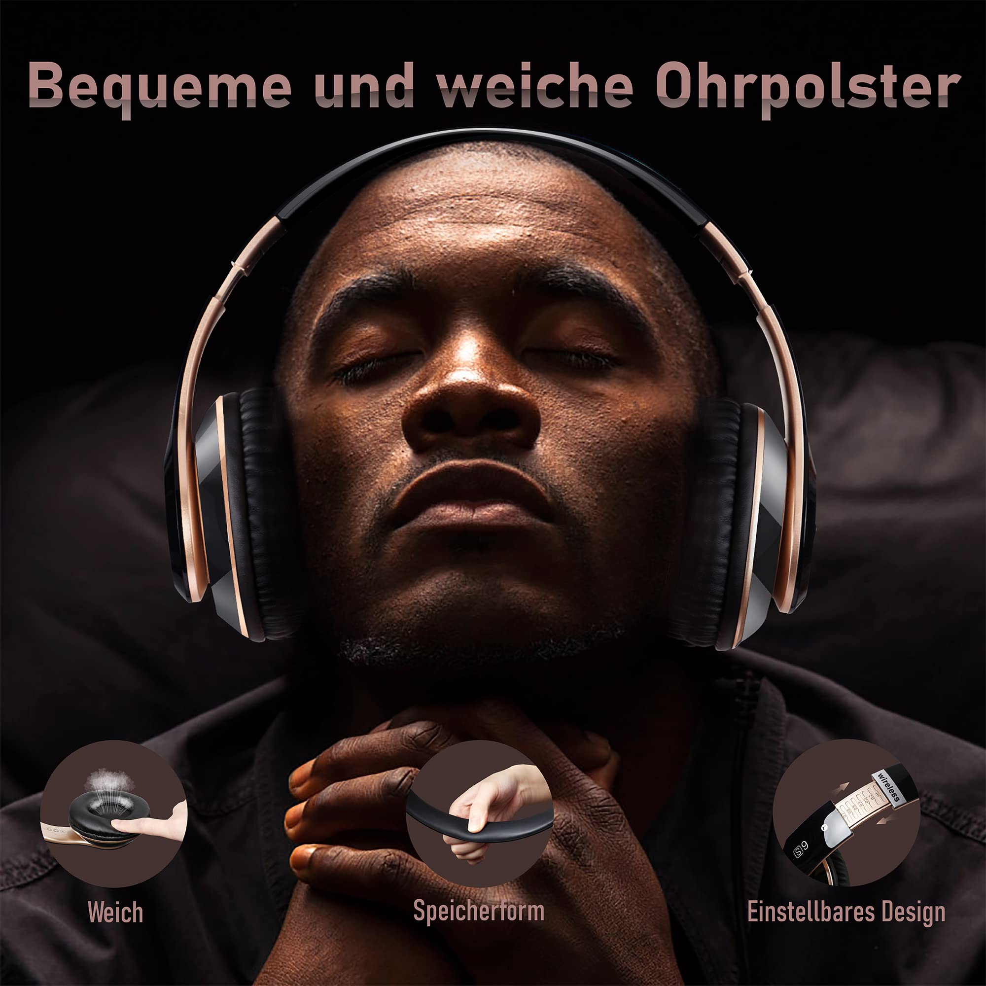 Cuffie wireless con 6 modalità EQ, cuffie Bluetooth, 65 ore, over-ear, con microfono HD integrato, FM, SD/TF per esterni, trasporto, viaggi, studio