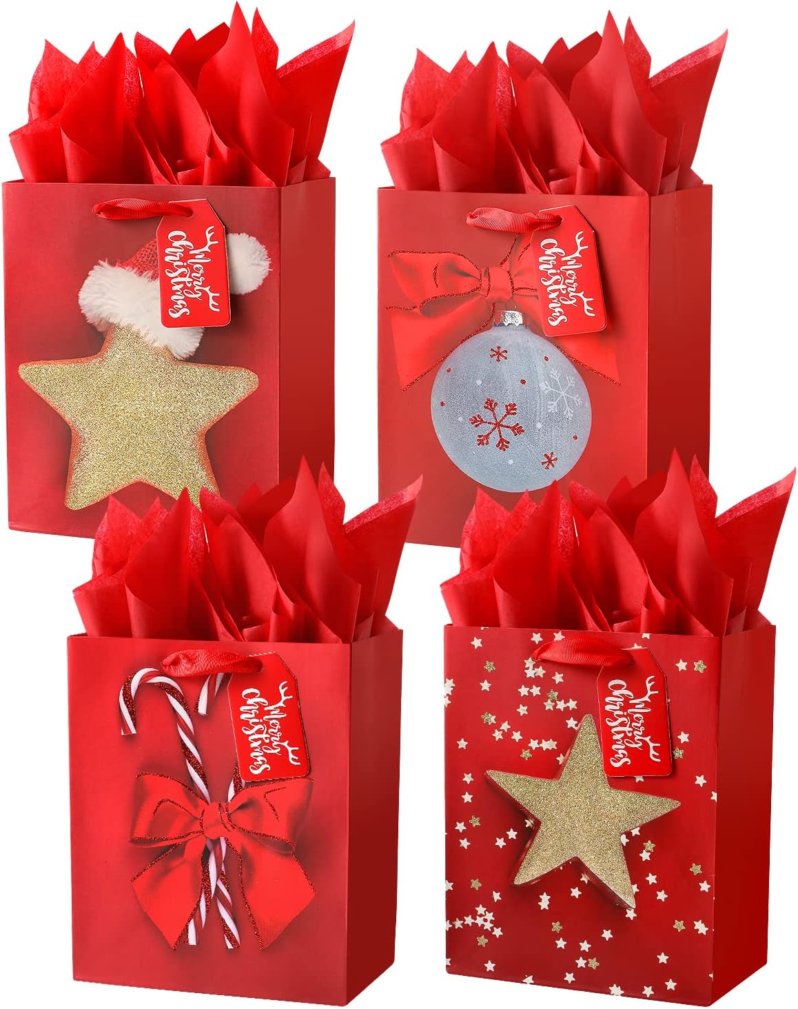 KomoLeay 4 Pack 13" Large Size Gift Bags Assorted Christmas