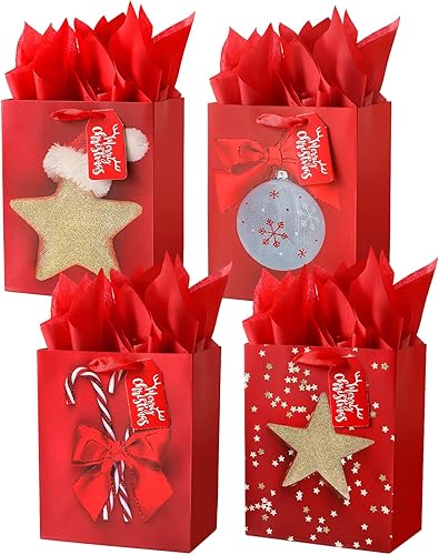 Miniatura 1 de Paquete de 4 bolsas de regalo de tamaño mediano de 9 pulgadas, bolsas de regalo de Navidad surtidas con papel de seda para decoración de suministros