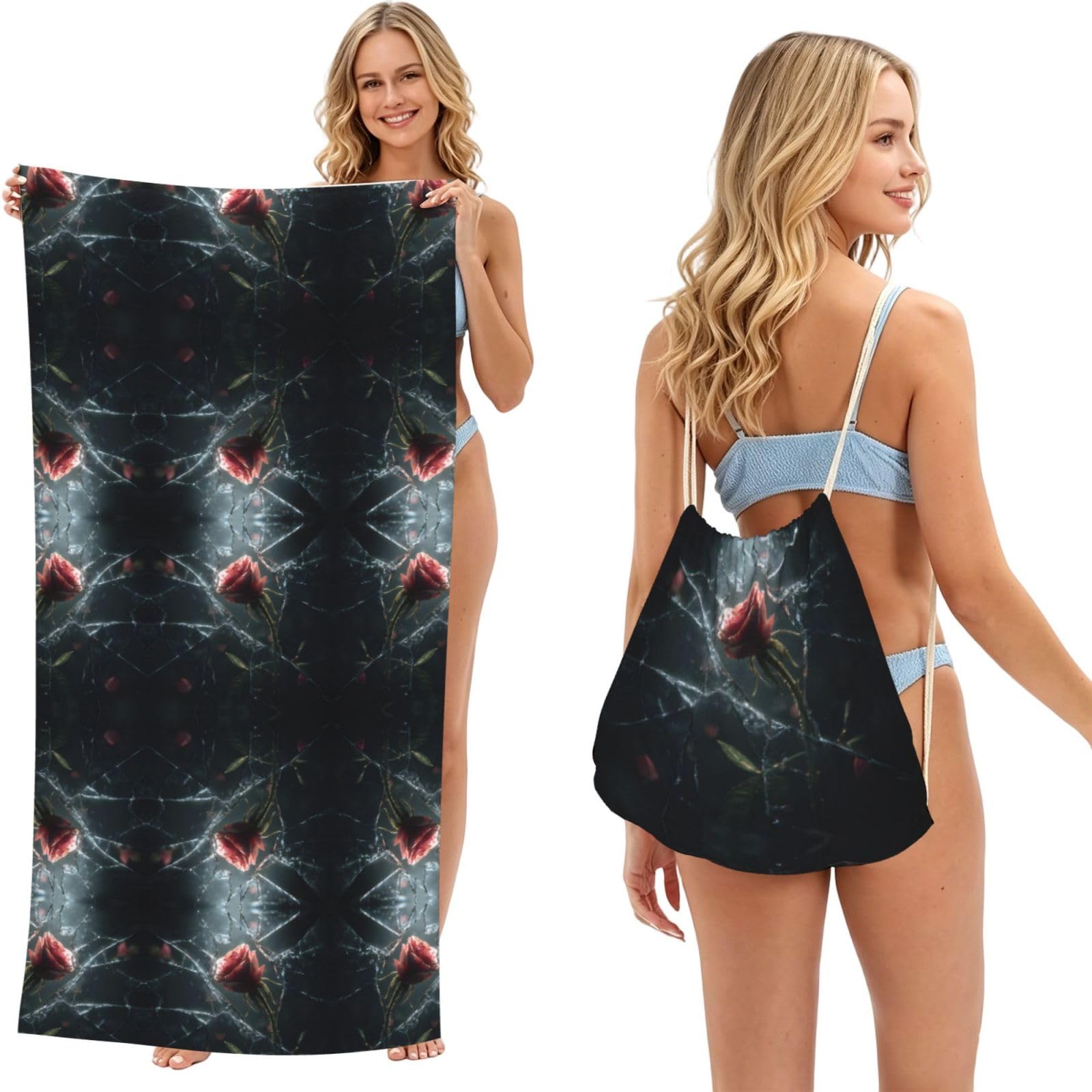 Serviette de plage grand format avec sac à dos de sport rose et rangement motif bateau d'été