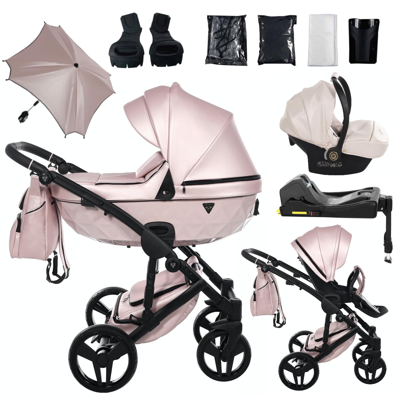 Junama Passeggino TRIO Diamond S Class 02 Rosa e Nero - 2in1 3in1 4in1 + ombrellino (4 in 1 con Base ISOFIX)