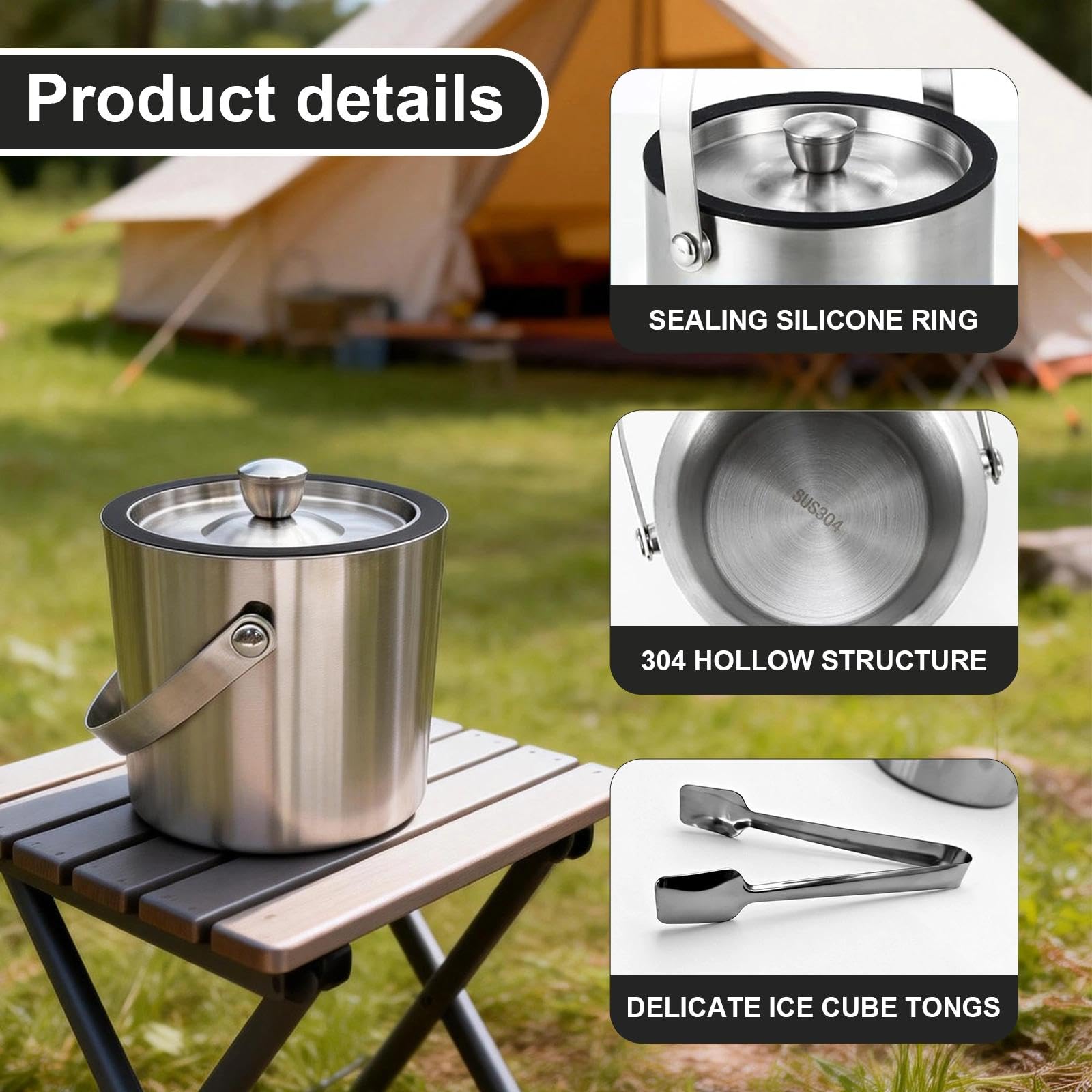 Seau à glaçons en acier inoxydable de 1,6 l - Double paroi - Avec couvercle - Passoire et pince - Passe au lave-vaisselle - Pour fêtes, jardin, barbecue, bière, vin, champagne