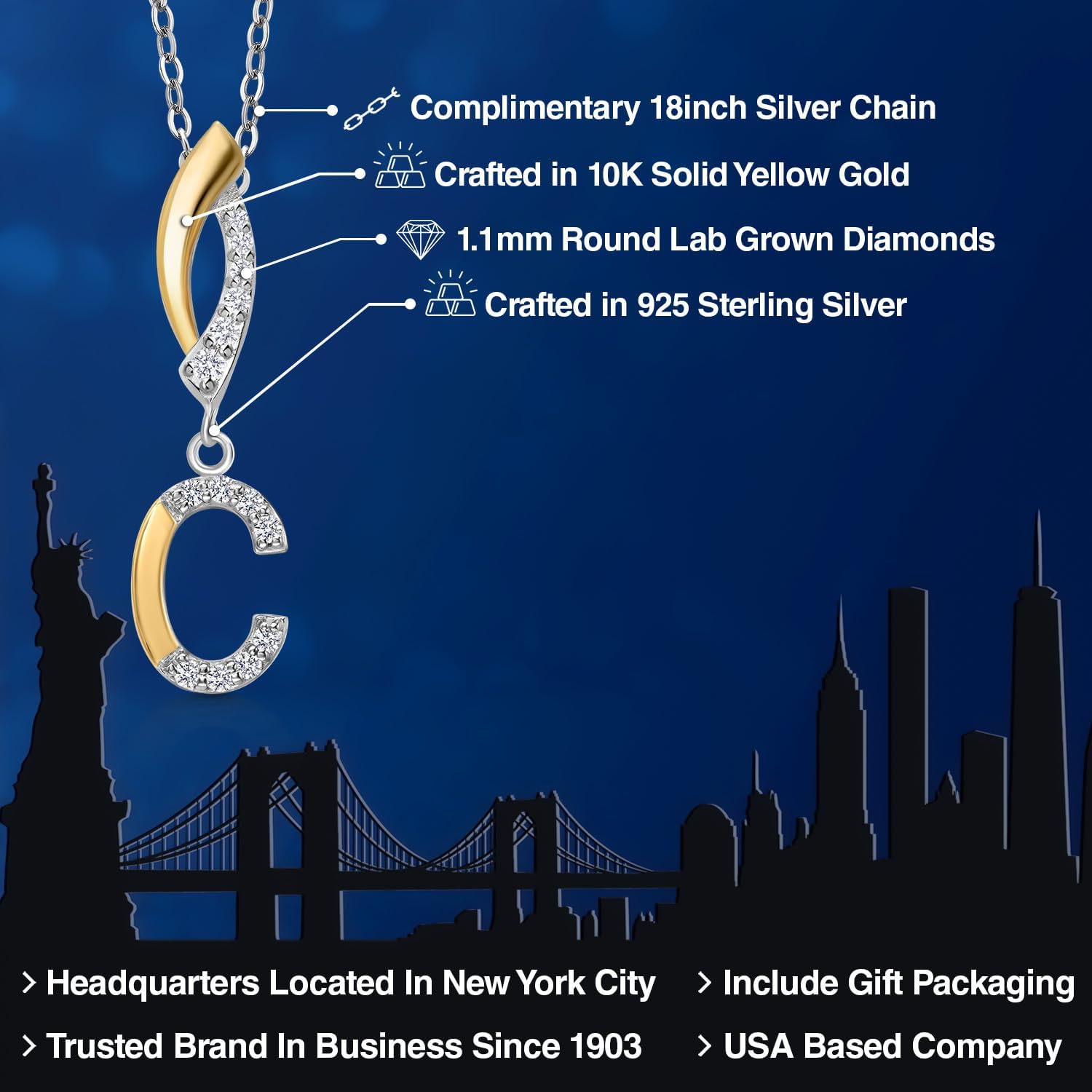 Initial Pendant Necklace Letter A to Z Alphabet | 10K Yellow Gold and 925 Sterling Silver | White Lab Grown Diamond | Gift Women Mother's Day Wife Mom Girlfriend Anniversary Birthday | By Keren Hanan