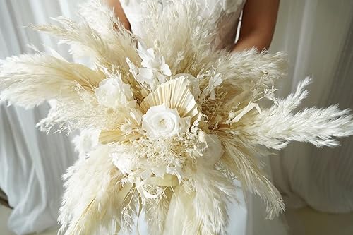 Miniatura 5 de Ramo de boda de rosas preservadas blancas puras y hierba de las pampas, regalo de noviadama de honor, ramo de flores secas y conservadas, ramo de