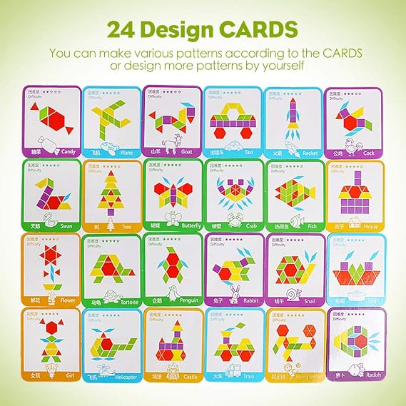 مجموعة كتل نمط خشبي 155 قطعة لغز الشكل الهندسي روضة أطفال Tangram Brain Teasers التعليم المبكر Montessori للأطفال الأعمار 3 - 8 مع 24 بطاقة تصميم