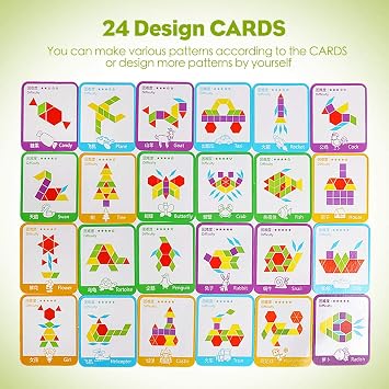 مجموعة كتل نمط خشبي 155 قطعة لغز الشكل الهندسي روضة أطفال Tangram Brain Teasers التعليم المبكر Montessori للأطفال الأعمار 3 - 8 مع 24 بطاقة تصميم