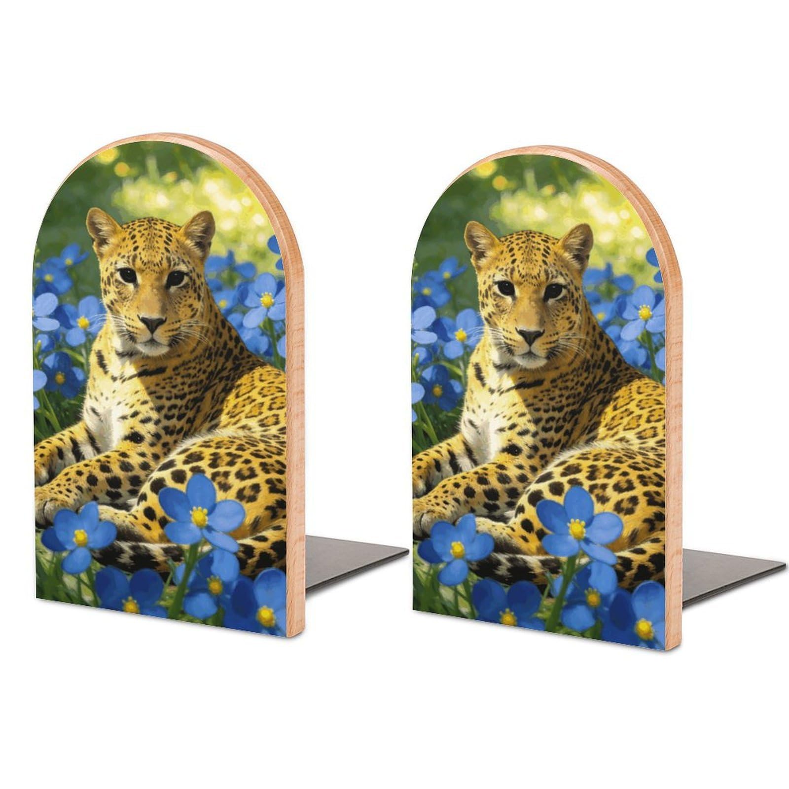 Sujetalibros de flores y leopardo en madera y metal antideslizante para estanterías