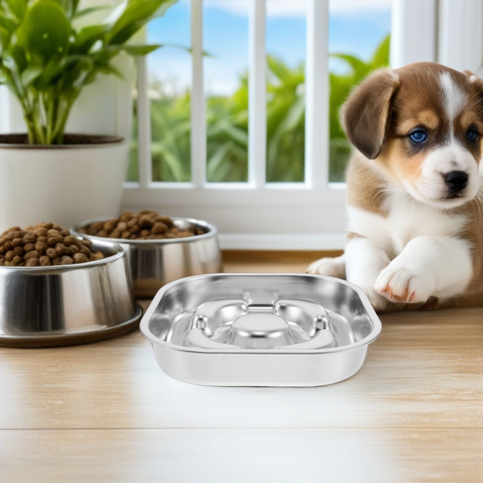 Ciotola Slow Food per Cani in Acciaio Inox 23X23 CM Base Antiscivolo, Ciotola per Alimentazione Lenta Cuccioli e Cani Piccoli, Accessorio per Pasto Controllato e Gestione Peso