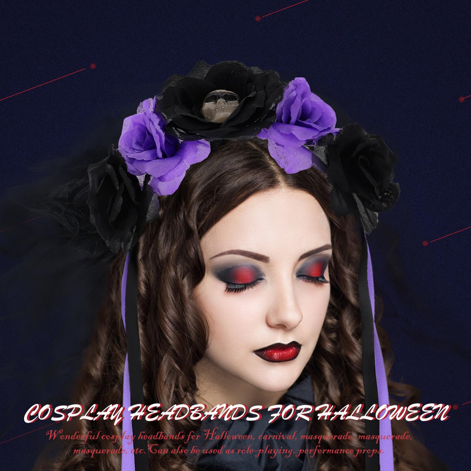 Beaupretty Halloween Skull Headband with Rose Flower Day of the Dead Hair Accessory for Party Costume and Bride Headdress - Image 2