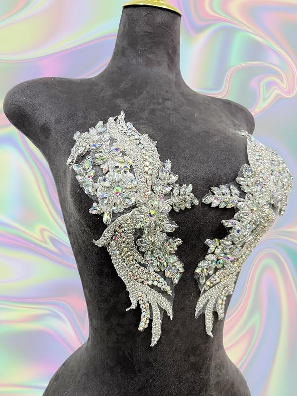 Handmade Rhinestones lace Trim Patches Handsewing Beads Bodice Applique for Dress DIY Accessories 1pair/Set (Clear AB) by ArtistryXB - Used condition - Image 4