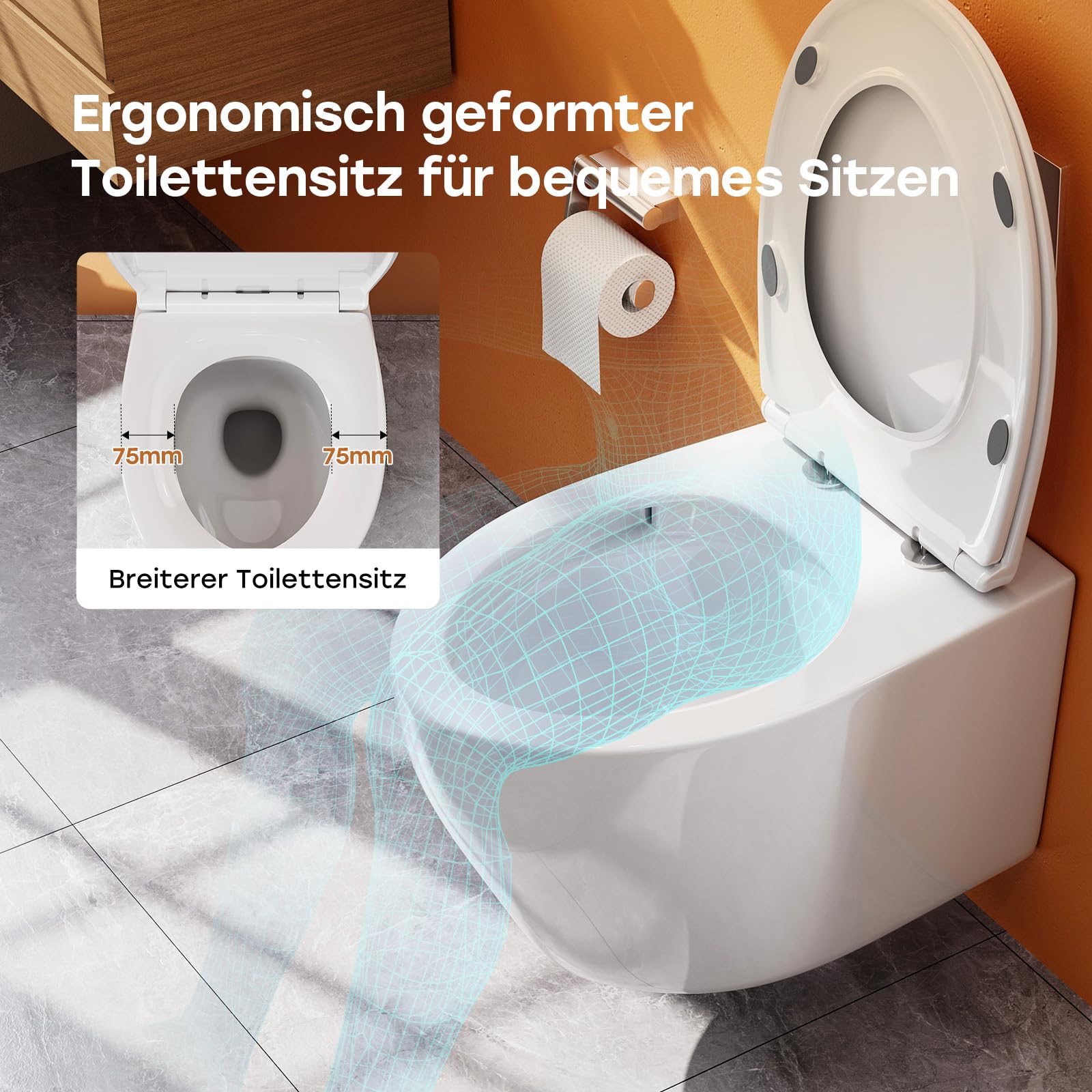 Teal Home WC sospeso in ceramica con coperchio WC con abbassamento automatico – Ciotola WC con risciacquo superspin monoforo, WC bianco con rivestimento nano – 52 × 37 × 34,5 cm