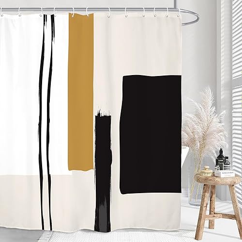 Miniatura 2 de Yookeb Cortina de ducha abstracta geométrica extra larga para baño, 71 pulgadas de ancho por 84 pulgadas de alto, pintura neutra, negro, beige,