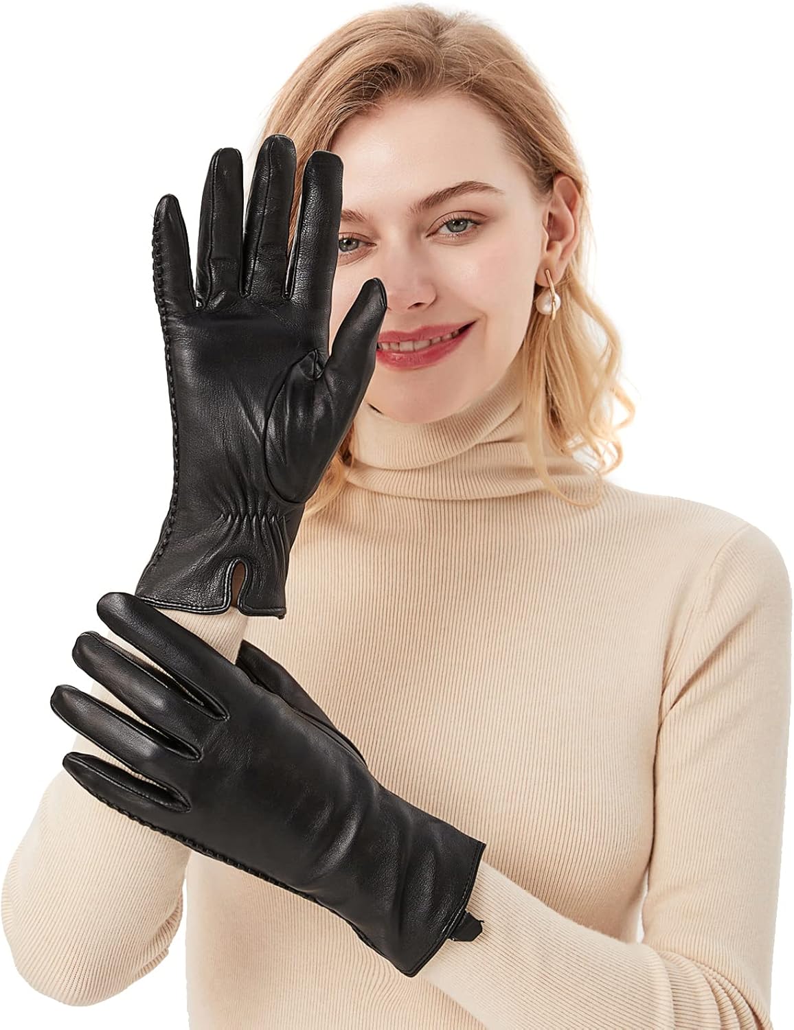 Genuine Sheepskin Leather Gloves for Women, Winter Warm Touchscreen Texting Cashmere Lined Driving Dress Gloves - Image 9