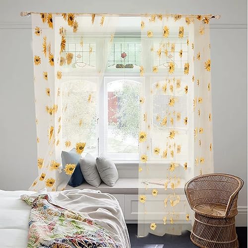 Miniatura 7 de Cortinas de girasol con diseño de girasol transparente para puerta ventana panel de cortina floral 2 piezas 2 piezas