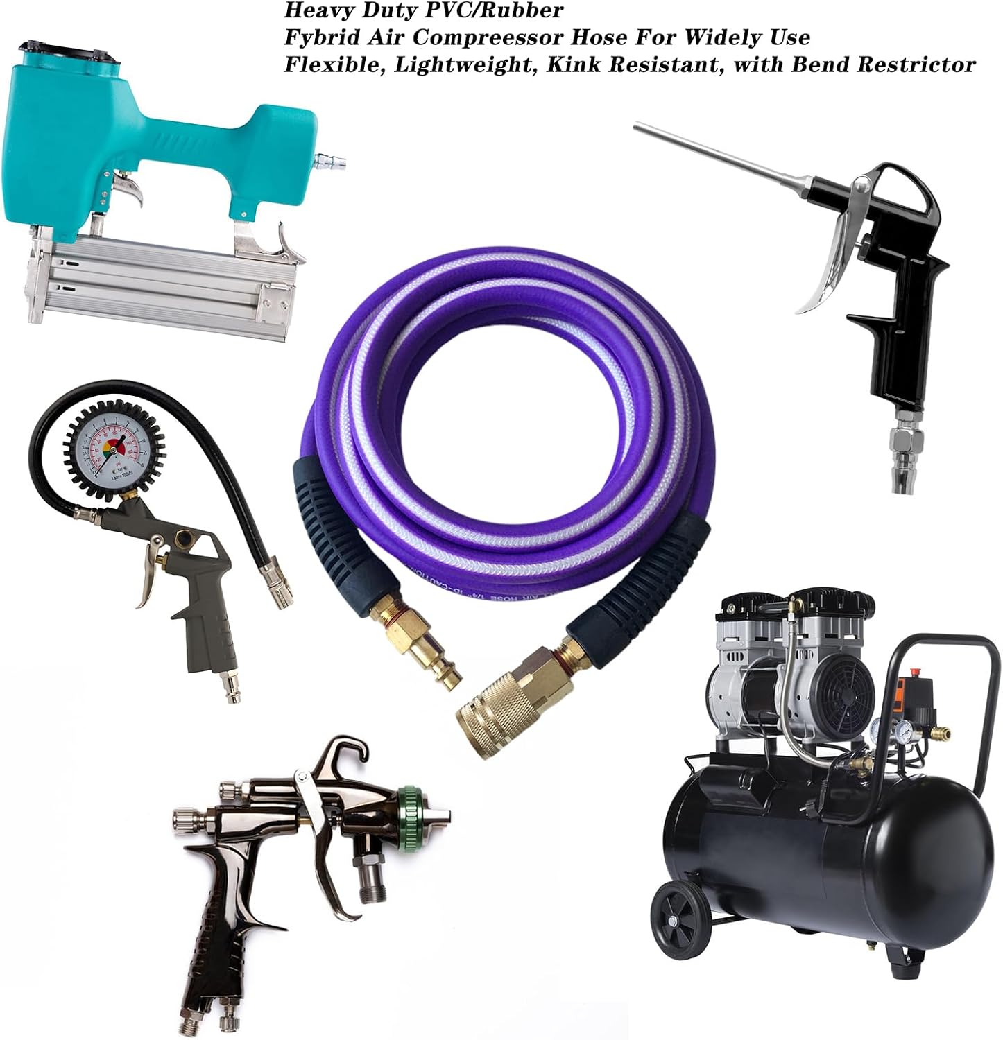 Air Hose 1/4 in x 10 ft, Heavy Duty, Lightweight, Kink Resistant, Hybrid Air Compressor Hose with 1/4 in Solid Brass Male Fittings, Bend Restrictors, 400 PSI(10FT, Purple White)