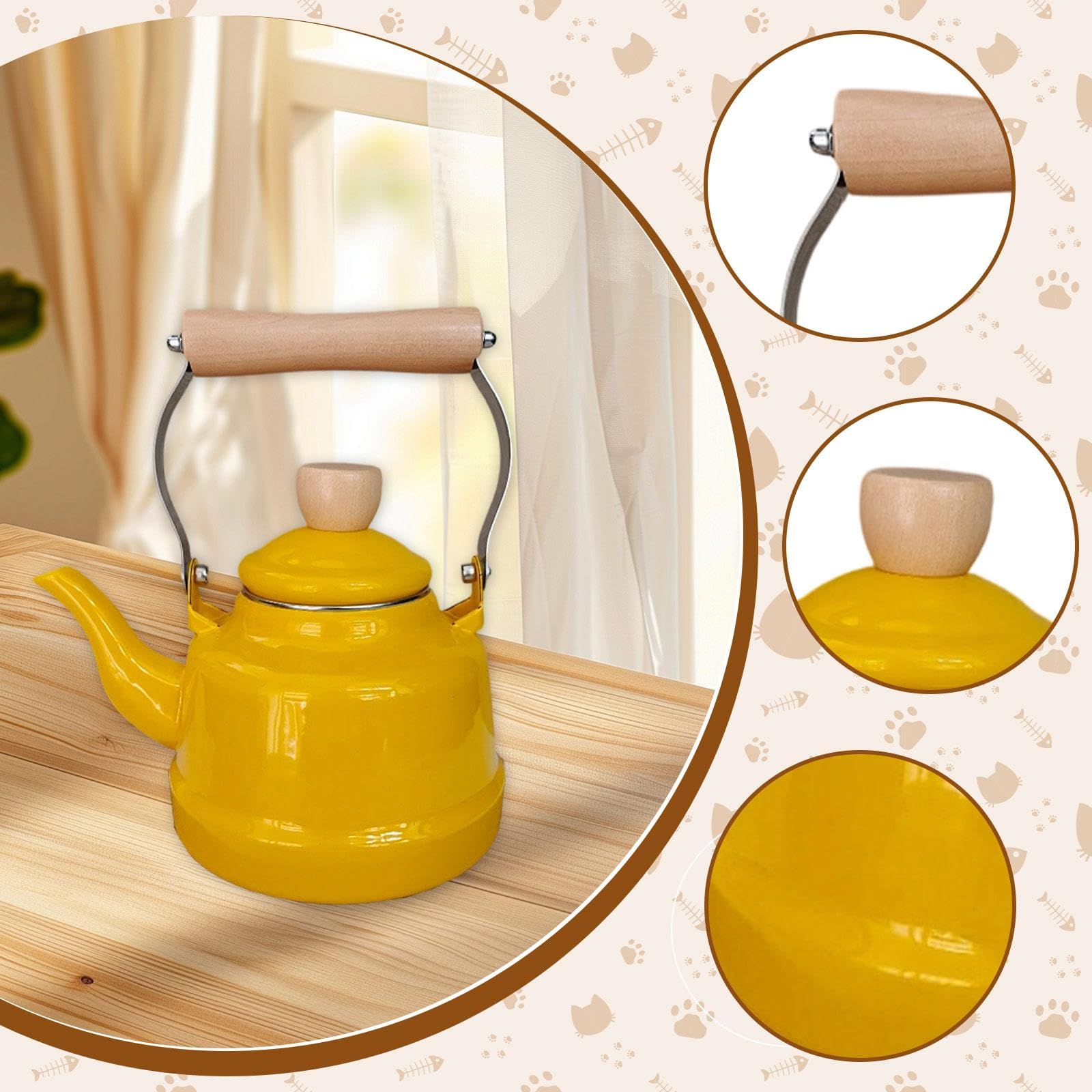 Teekessel Emaille Teekanne Wasserkocher Kaffeekanne mit Hitzebeständigem Holzgriff Und Keramischem Gehäuse für Herd Küche Haushalt Geschenk, Gelb