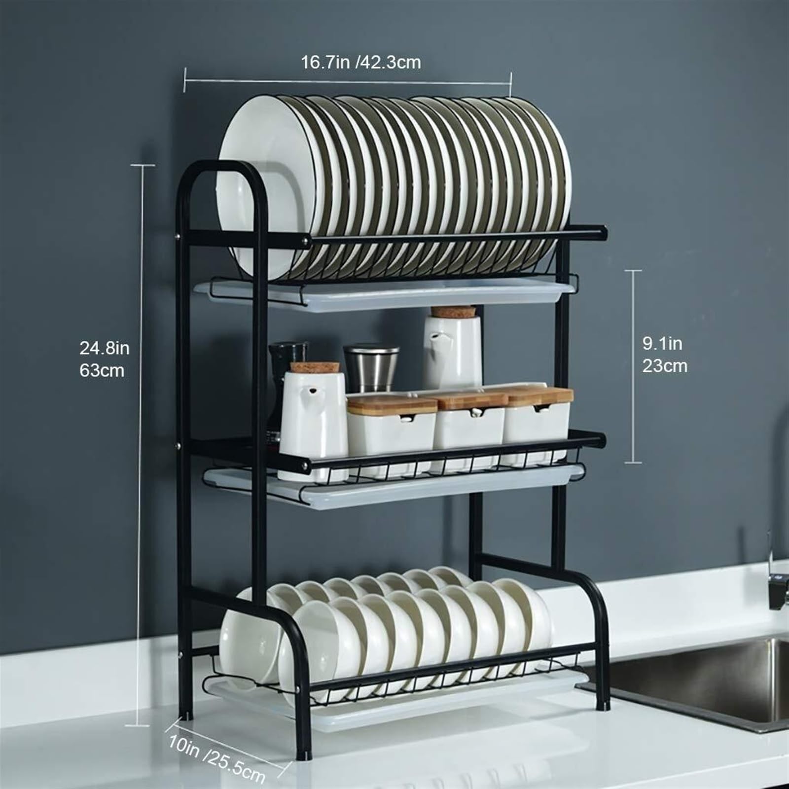 Escurreplatos Rejilla para Secar Platos De 3 Niveles, Acero Inoxidable, con Soportes para Utensilios, Cuchillos Y Tablas Cortar Organización Cocina(with no Holder)