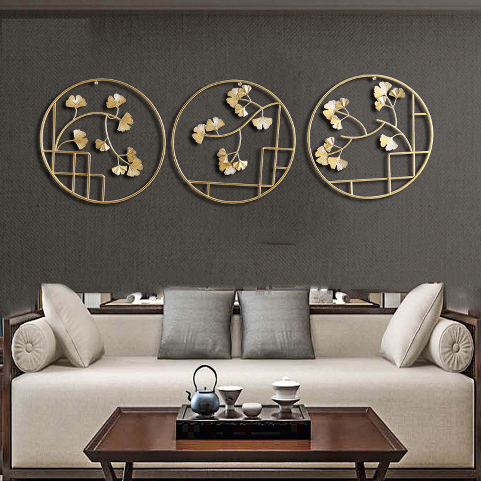 Dwjjz Gold Wall Art Decor, Metal 3D Ginkgo Biloba Wall Sculptures, Home Modern Hanging Decorations Handmade Ornament For Living Room Bedroom Hallway, Wrought Iron