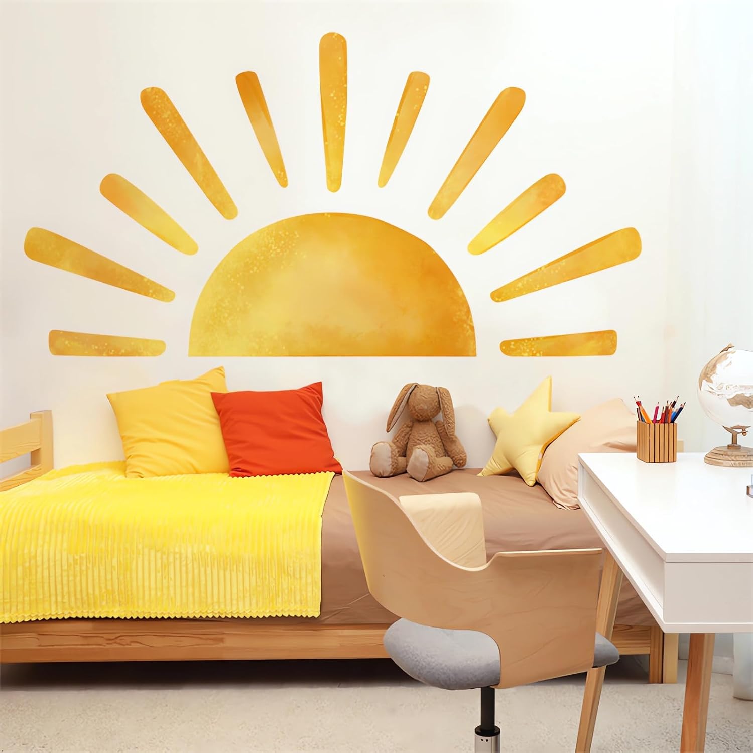 68.5 x 37.4 Inch Large Sun Wall Stickers, sacinora Yellow Sunshine DIY Wall Decals Sunrise Removable Vinyl Peel and Stick for Kids Baby Boy Girl Nursery Bedroom Playroom Art Home Decorations
