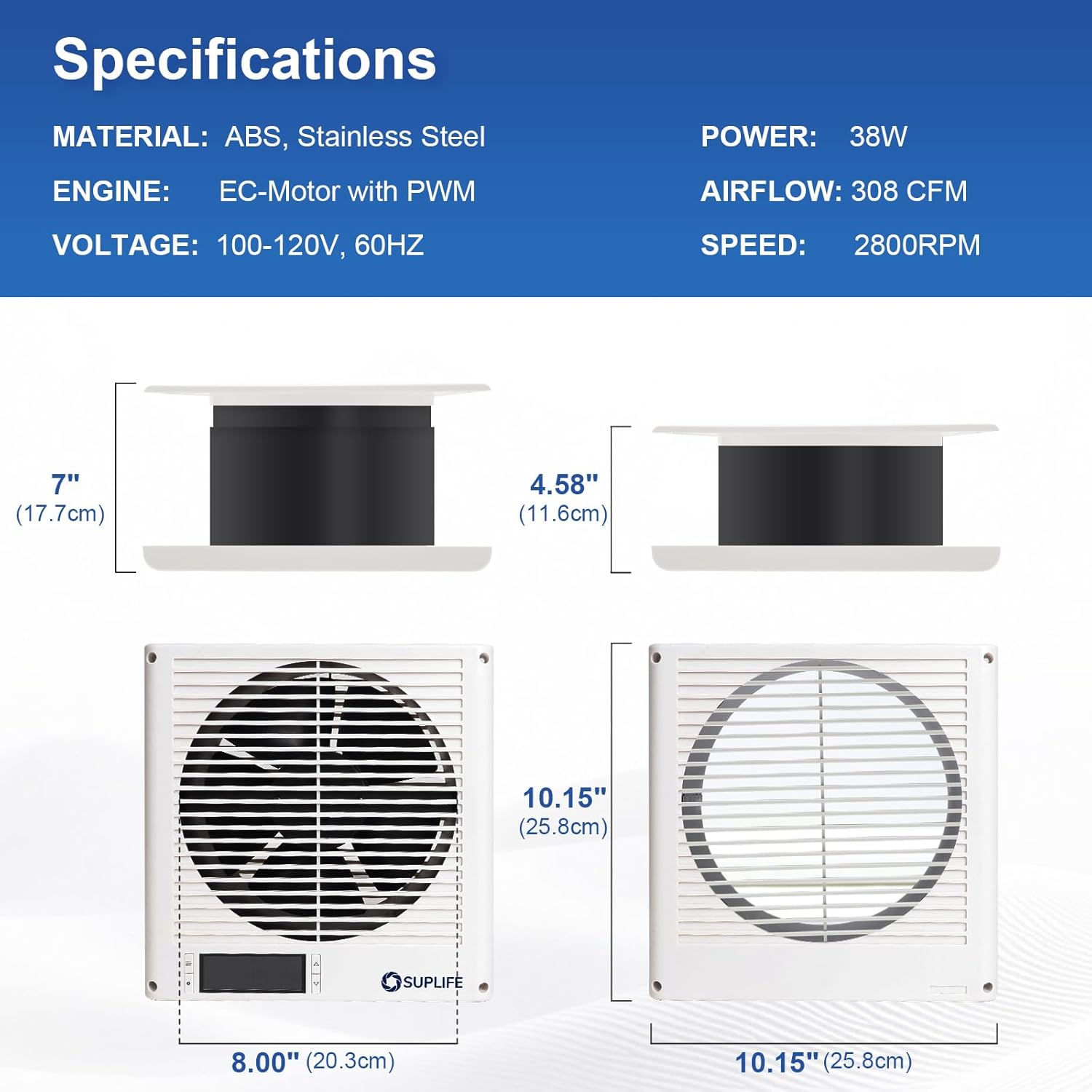 Diagram showing the dimensions of the 8-inch room to room fan.