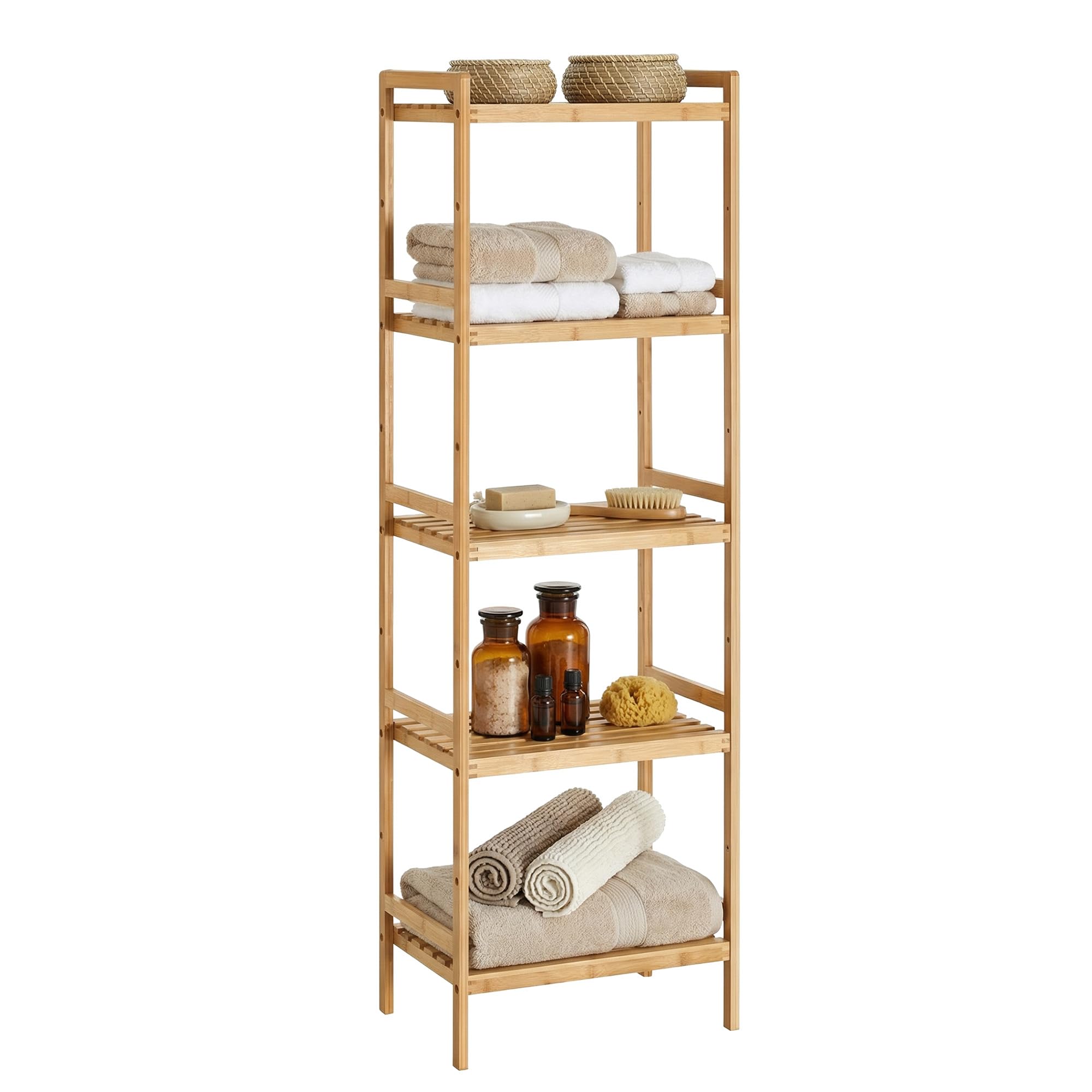 SONGMICS 5-Tier Bamboo Storage Rack for Bathroom, Kitchen, Bedroom, 31.5 x 45 x 142 cm, Natural BCB075N01