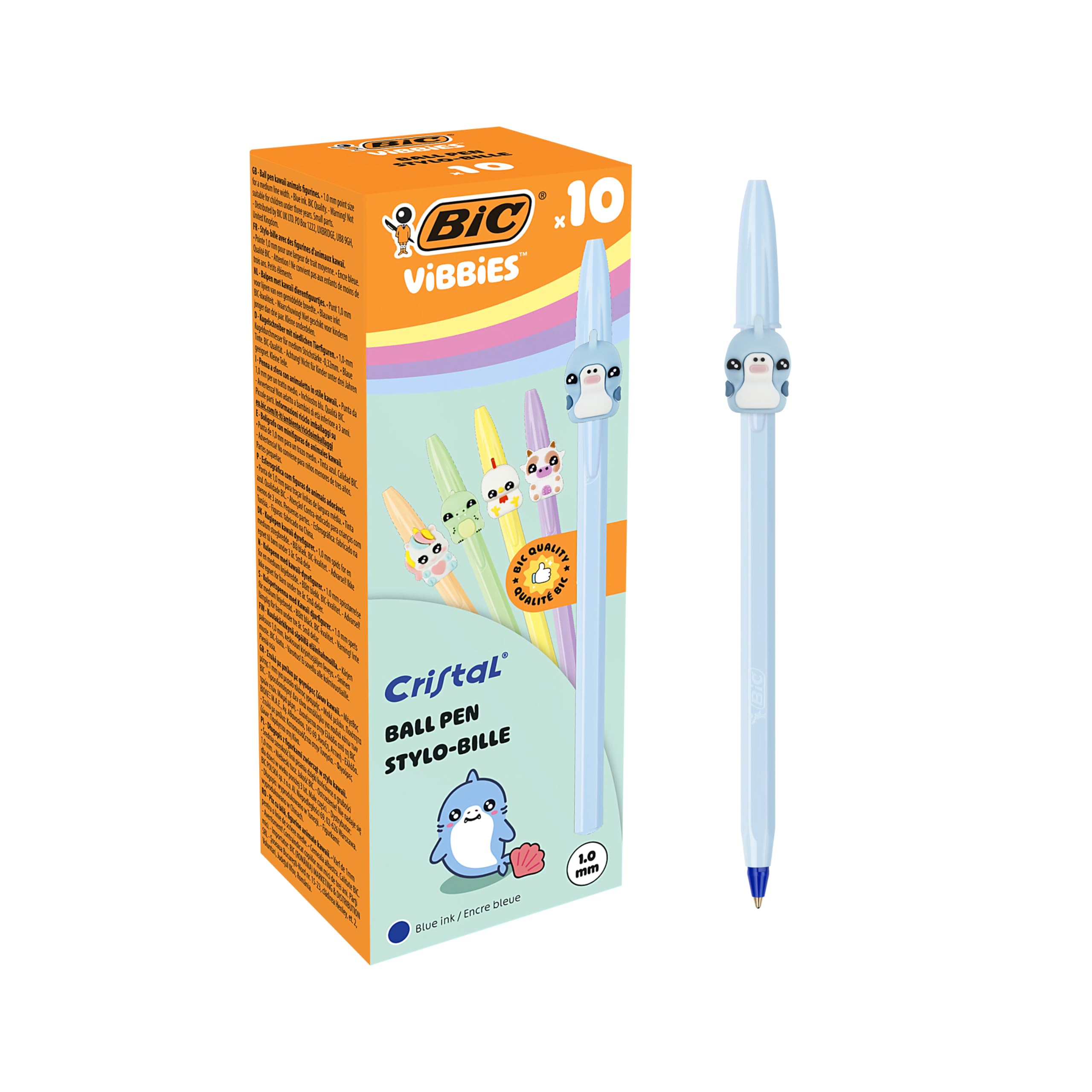 BIC Vibbies Cristal Ball Pens Medium Point (1.00 mm) with 10 Kawaii Animal Figurines on Pastel Barrels - Blue Ink, Pack of 10