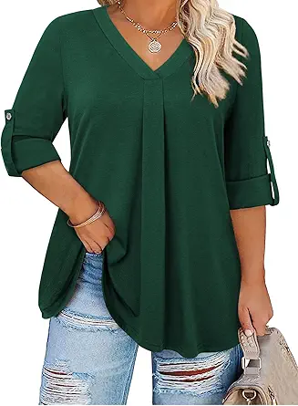 Plus Size Tops for Women V Neck Blouse Pleated Front Loose Fitting Tunic Top Dressy Casual Fall Clothes 2025