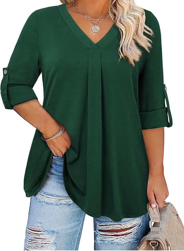 Plus Size Tops for Women V Neck Blouse Pleated Front Loose Fitting Tunic Top Dressy Casual Fall Clothes 2025