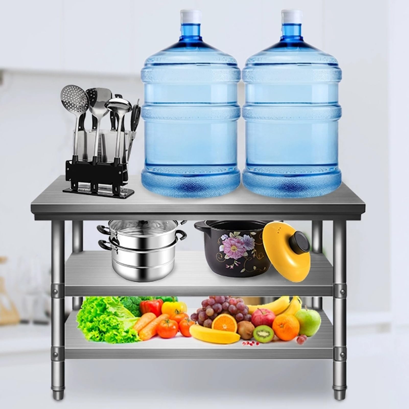 Tavolo da lavoro in acciaio inox resistente, tavolo di preparazione per cucina, ristorante e garage, facile da pulire, piedini regolabili di livello commerciale
