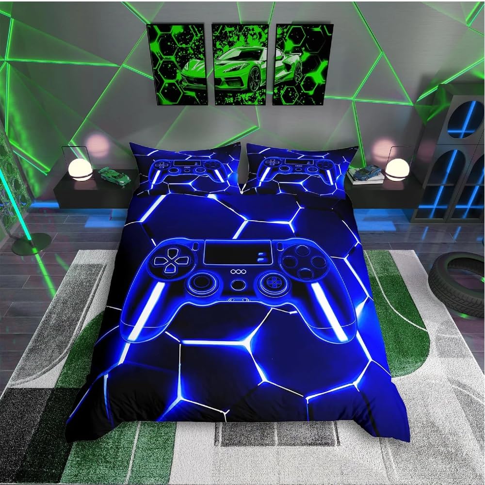 Gaming Bedding Set for Girls Boys Kids Junior/Cot Bed Blue and Black Gamer Comforter Cover Room Decor Game Console Controller Duvet Cover 2Pcs Honeycomb Bedclothes Soft Lightweight Microfiber