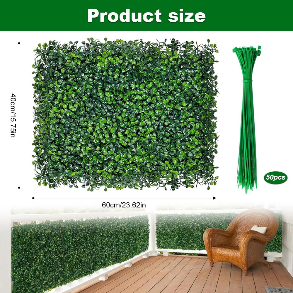 Künstliche Heckenpaneele, 40 x 60 cm, Dunkelgrün, Buchsbaum, Sichtschutzzaun, Wand für drinnen und draußen, Gartendekoration, Hochzeitshintergrund, Balkonabdeckung, 6 Stück