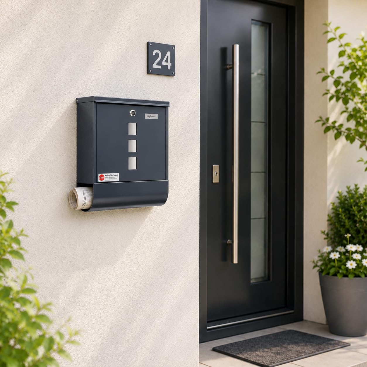 Zedelmaier Briefkasten 9 x 34 x 30,4 cm mit 4 Schlüsseln für B5&C5 Umschlag Postkasten Wandbriefkasten Mailbox Briefkästen mit Zeitungsfach RAL7016 Anthrazit