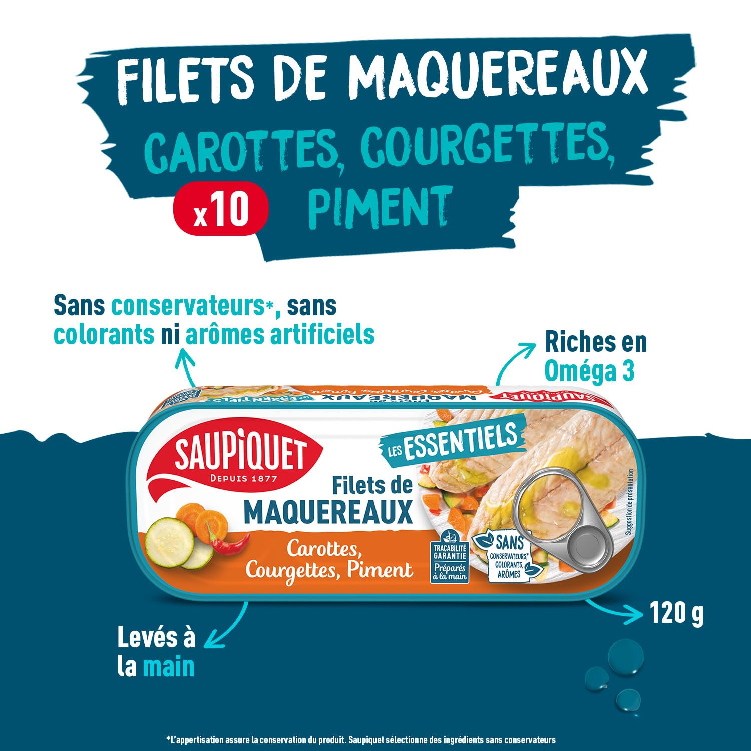 SAUPIQUET - Filets de Maquereaux Carottes, Courgettes et Piment - Riches en Oméga 3 - Issus d'une Pêche Traçabilité Garantie - 10 Conserves (120 g)