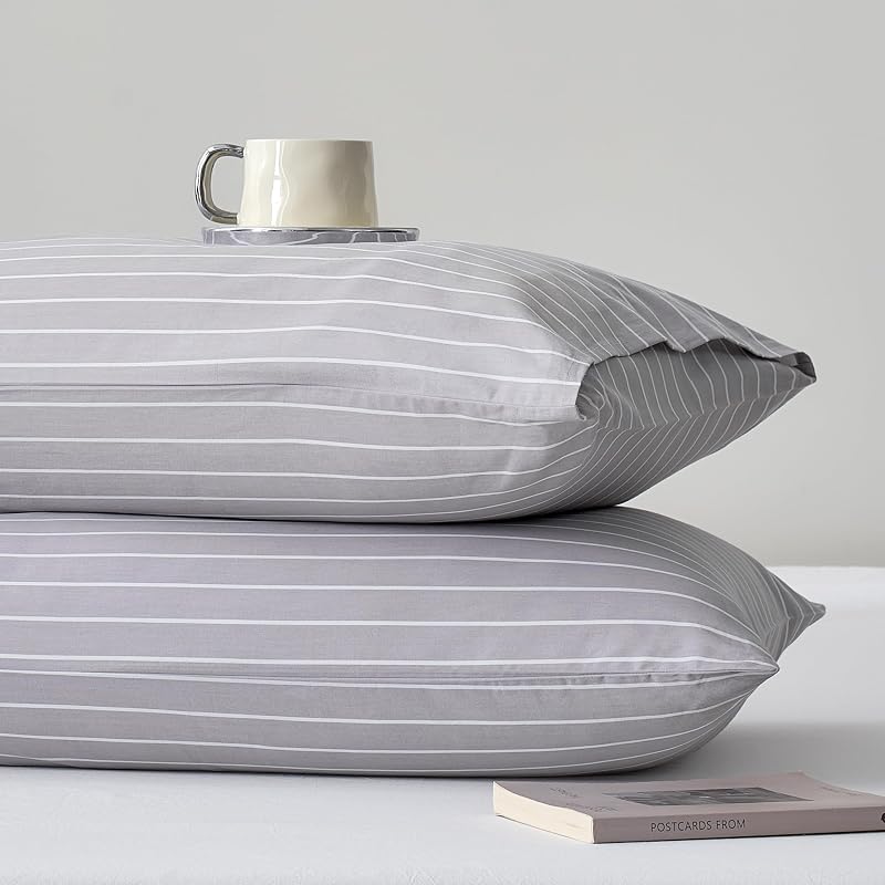 JELLYMONI Cotton Wide Striped Pillowcases Set of 2, Gray, Standard | Soft breathable feel, Envelope closure, 400TC cotton, Machine washable, Gentle on skin