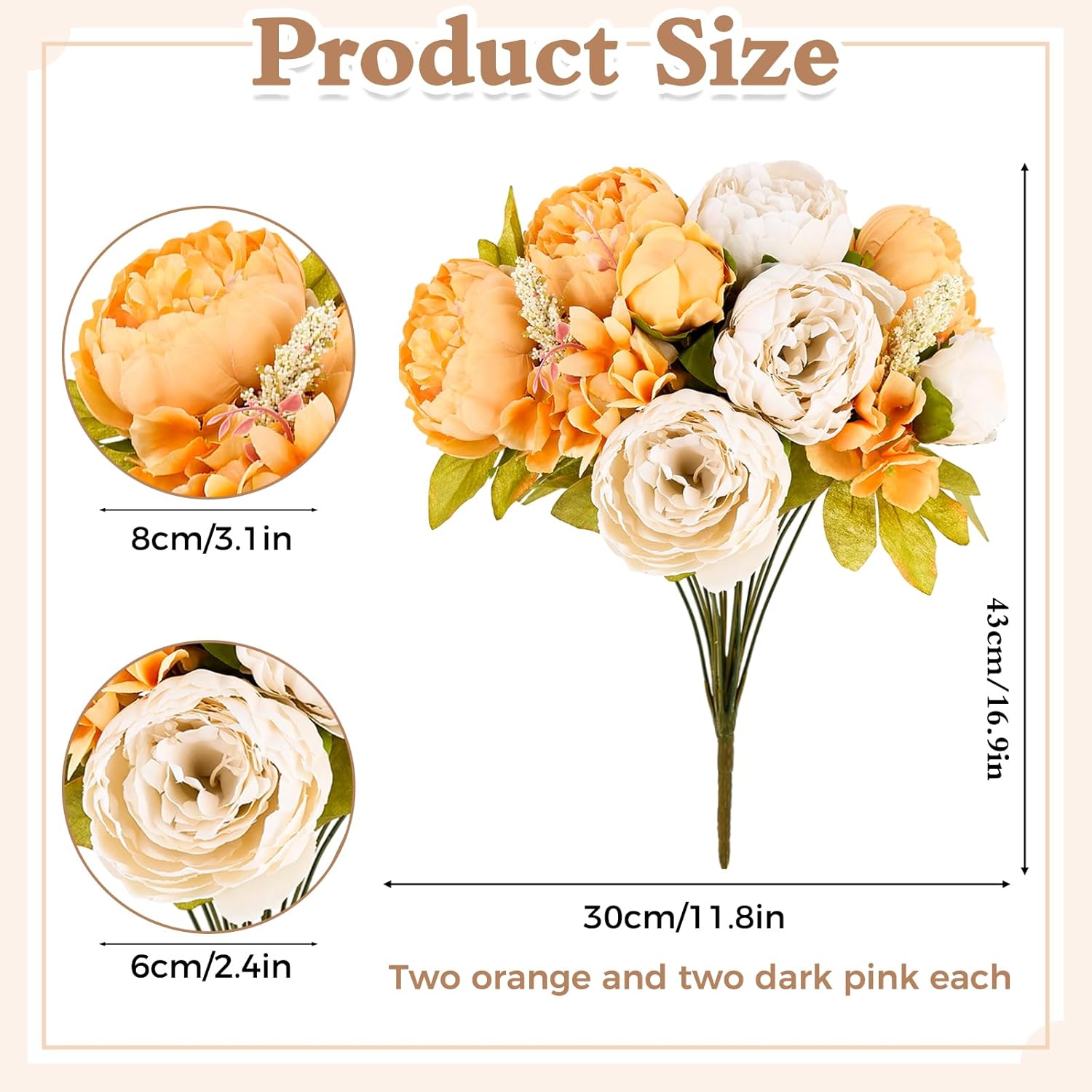 4 Bunches Peonies Artificial Flowers Faux Flowers Bouquet Silk Peony Hydrangea for Vase Wedding Centerpiece Bridal Shower Garden Party Home Decor (Orange Pink)