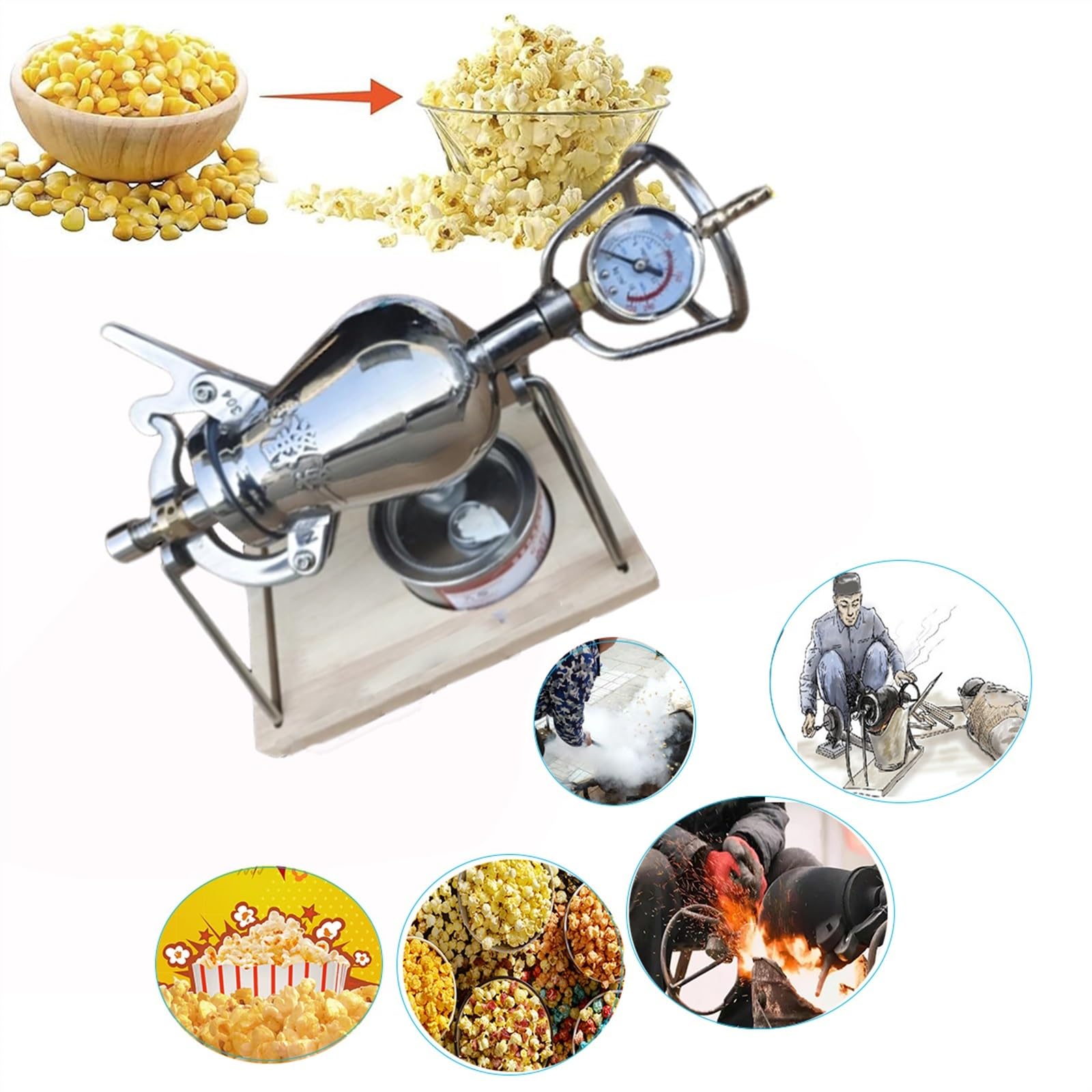 Retro Mini Maszyna Do Popcornu, Podstawa Z Drewnianej Deski Profesjonalna Maszyna Do Pieczenia Popcornu Ze Stali Nierdzewnej 304, Wzmacniacz Ziarna 300ml Z Manometrem