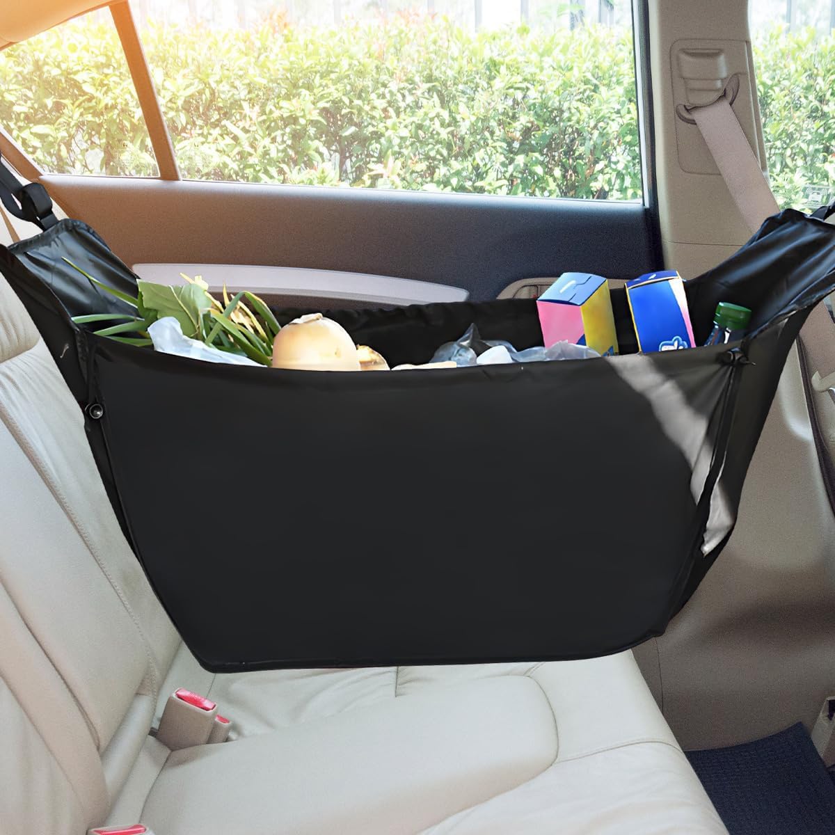 Car Seat Organizer, Collapsible Large Capacity Hanging Car Passenger Seat Storage Bag with Drawstrings, Hammock Reusable Multifunctional Auto Backseat Travel Tote for Road Trip (Black)