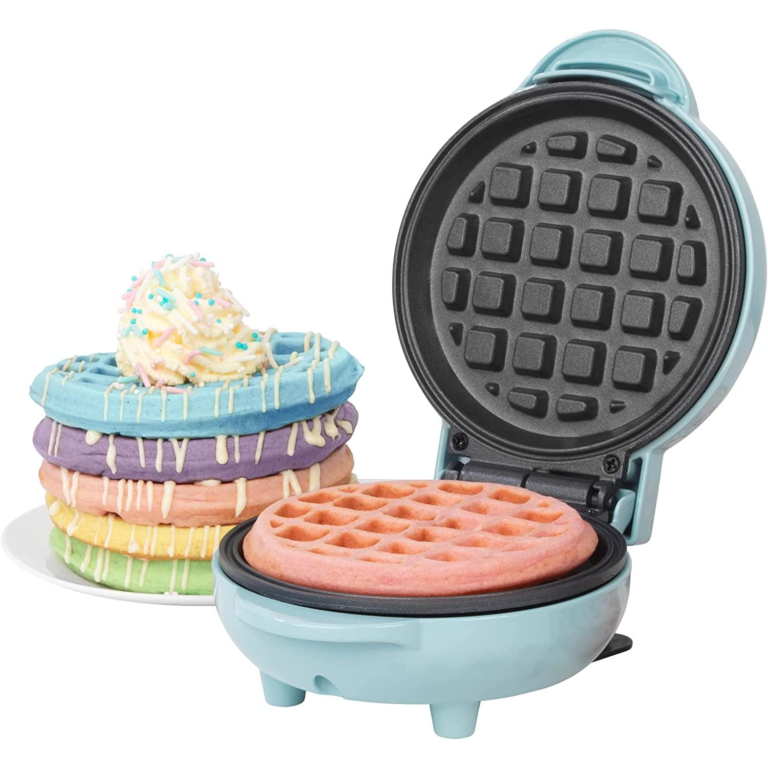 Giles & Posner EK4214GSBL Mini Waffle Maker – Non-Stick Waffle Iron Machine, For Belgian & American Style Waffles, Sweet/Savoury Snacks Desserts, Compact, 11.5 cm Round Cooking Plate, Pastel Blue